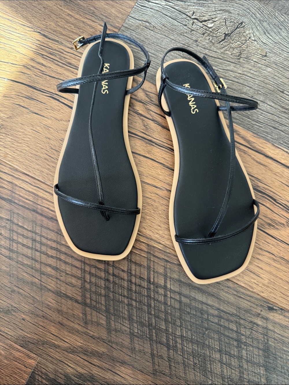 Kaanas Black Strappy Square-Toe Flat Sandals with Tan Trim
